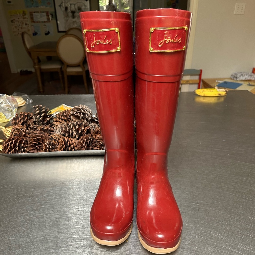 Joules Rain Boots | "R Evedon' Burgundy Navy Ribbon Wellies Rubbers Wmns Sz 7